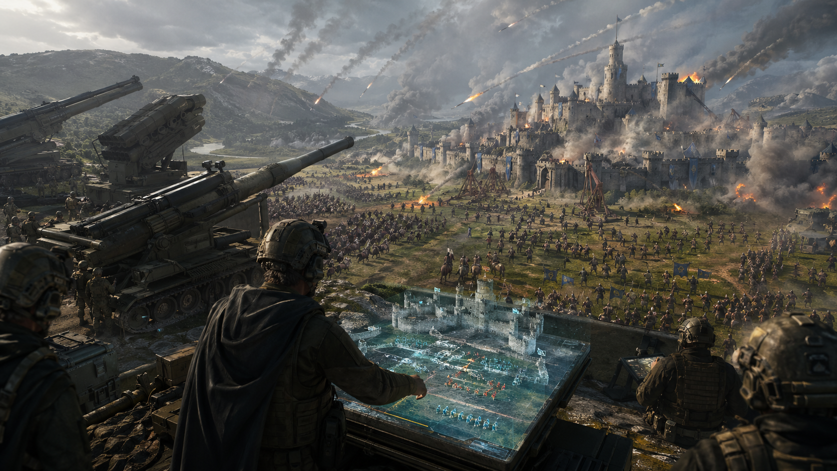 Modern artillery overlooks a medieval army and castle siege.