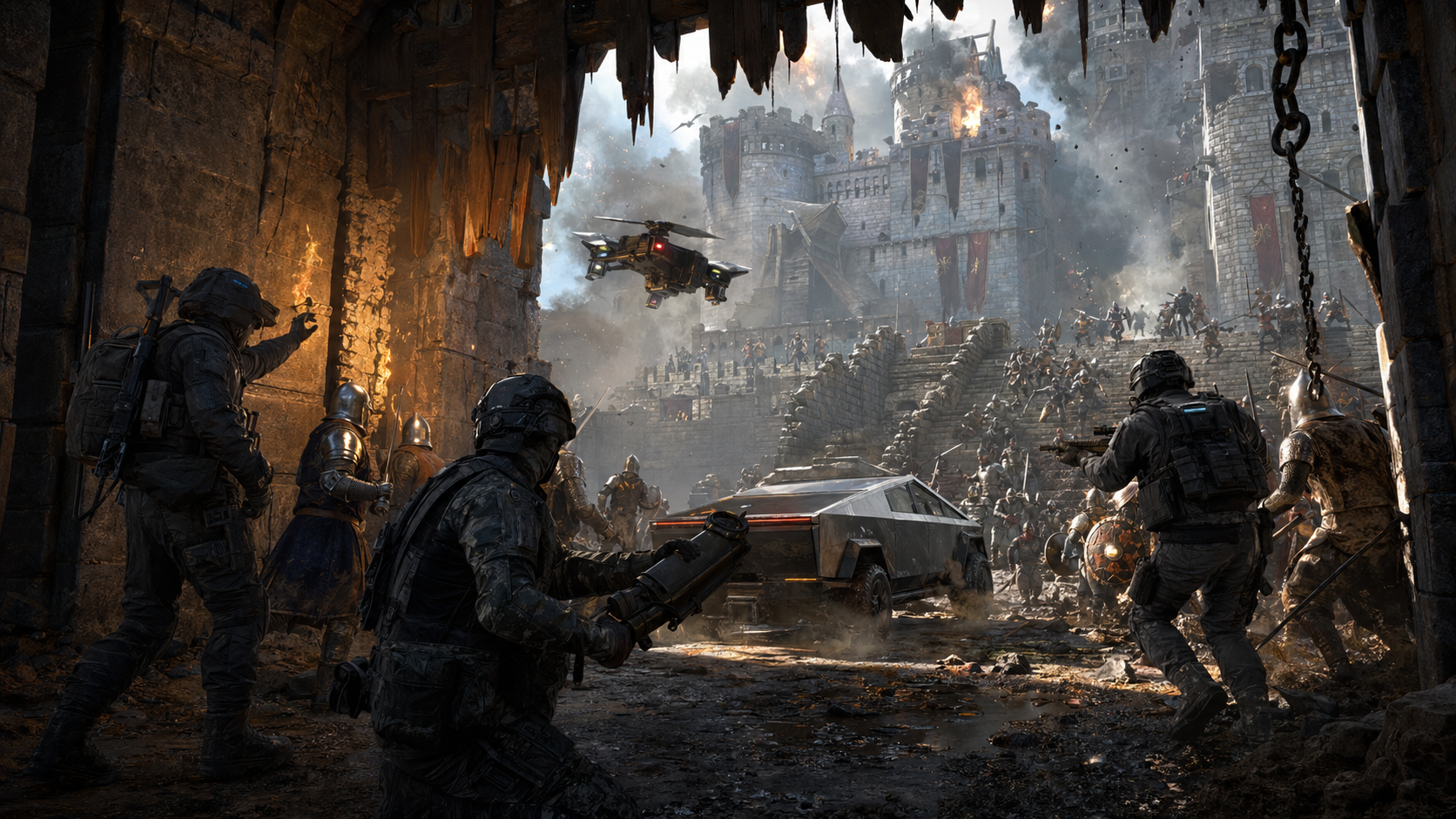 Four futuristic operators breach a smoky castle gate with medieval allies.