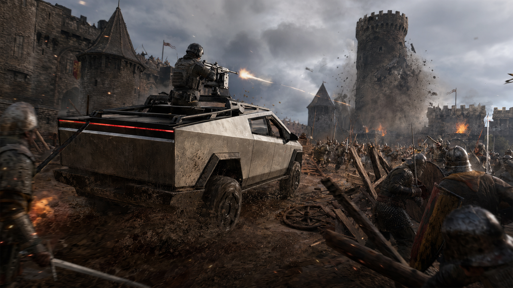A tactical fighter fires from an armored truck during a castle assault.